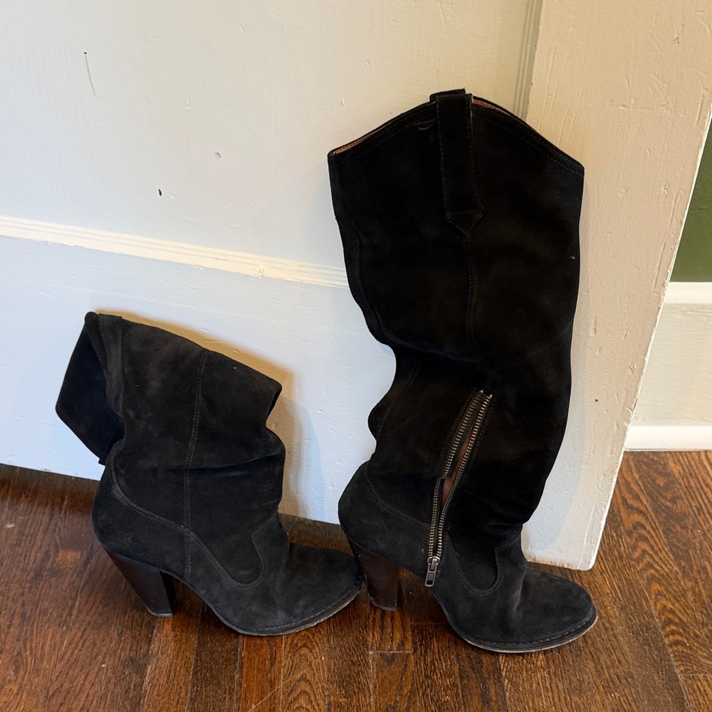 Frye Black Suede Slouchy Mid-Calf Heeled Boots